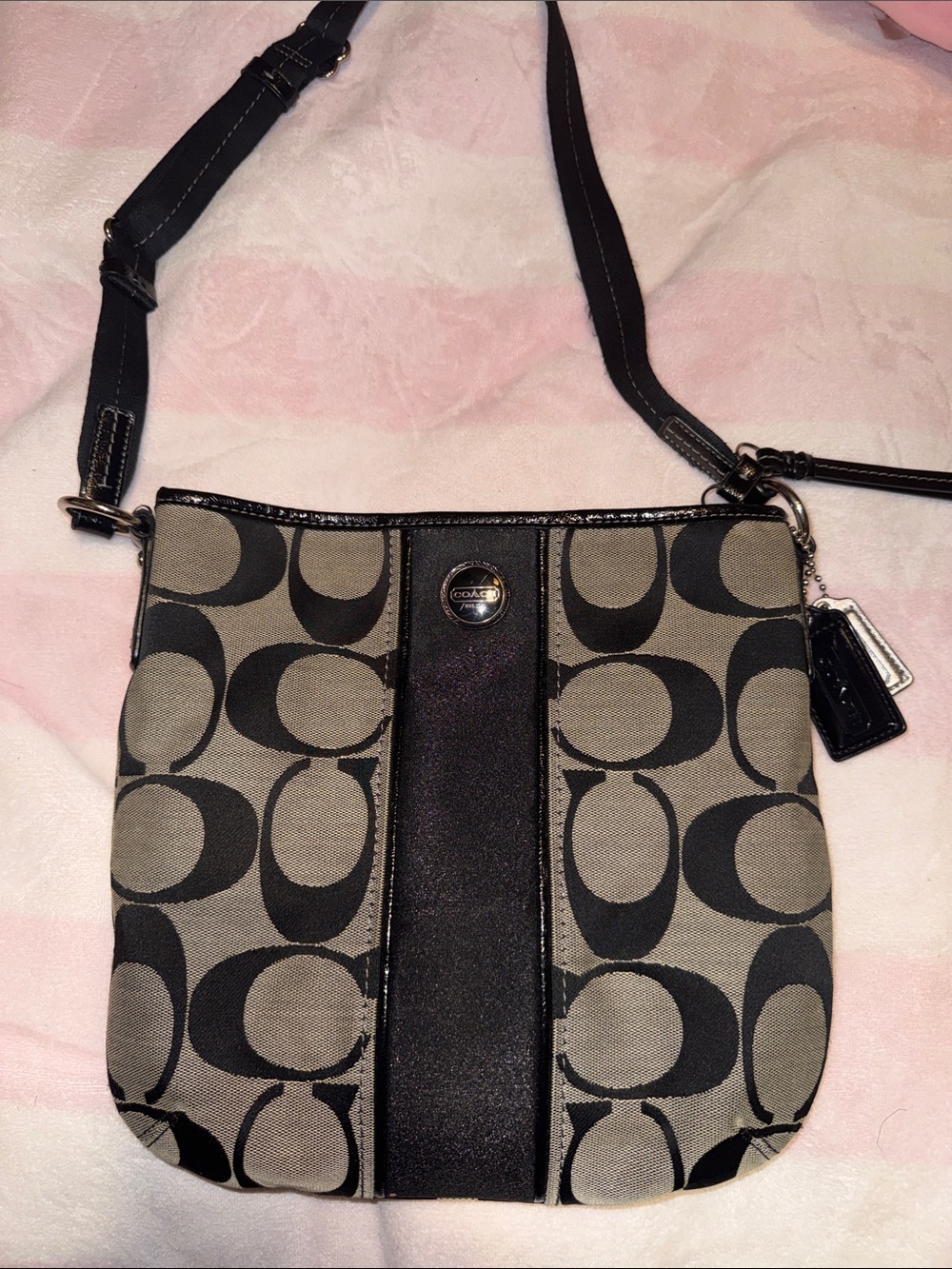 Coach Black & Khaki Signature Crossbody with Patent Trim